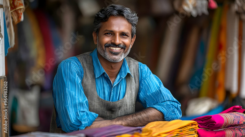 A smiling vendor at a marke...