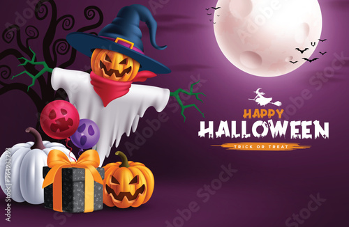 Happy halloween vector design. Halloween and trick or treat text with scary scarecrow, pumpkins, gift box and balloons elements in spooky night background. Vector illustration horror greeting card 
