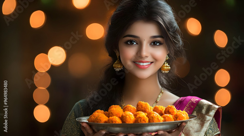 A smiling woman holding a p...