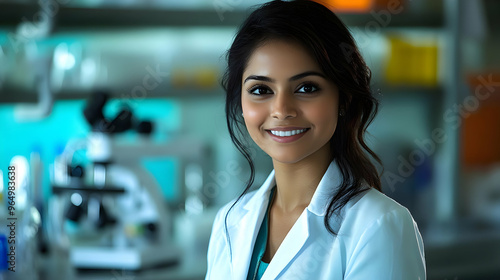 A smiling woman in a lab coat stands in a laboratory setting, showcasing a scientific environment. Free Download A smiling woman in a lab coat stands in a laboratory setting, showcasing a scientific environment. - GFXLoad
