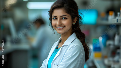 A smiling woman in a lab coat stands in a laboratory, showcasing a professional environment.