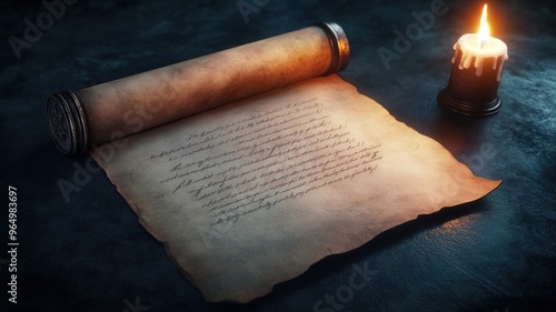 Antique scroll with handwritten text, illuminated by candlelight. A historical parchment, nostalgic detail and ambiance. Perfect for vintage themes.