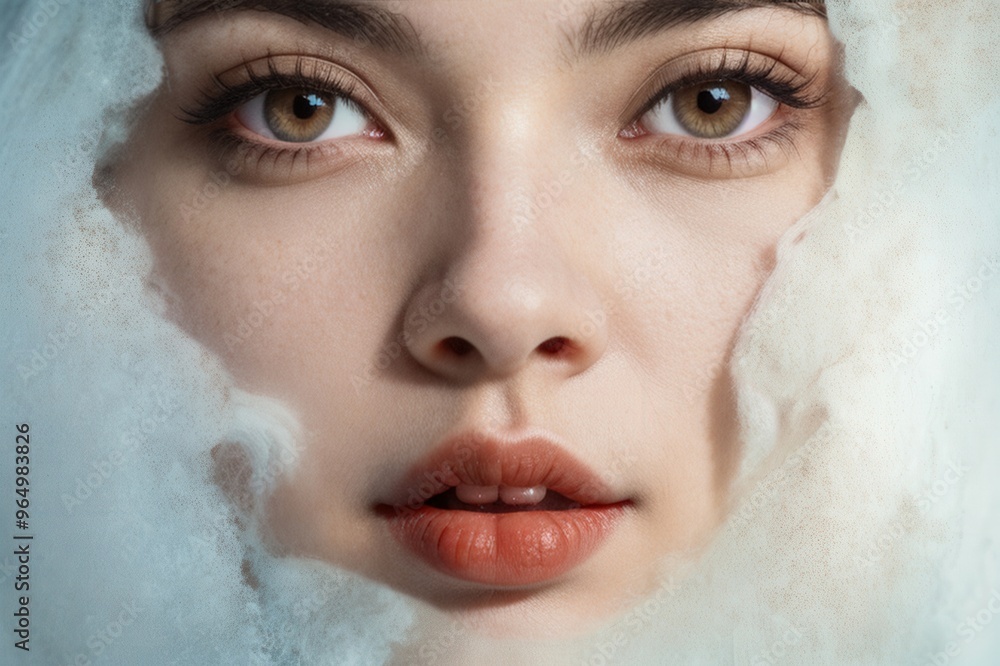 Close-up portrait of a woman with brown eyes and natural makeup, surrounded by soft white fabric, creating a dreamy, ethereal atmosphere. Close-up portrait of a woman with brown eyes and natural makeup, surrounded by soft white fabric, creating a dreamy, ethereal atmosphere.