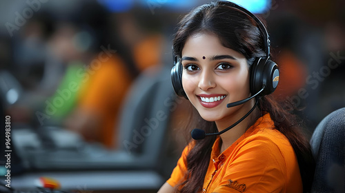 A smiling woman in an orang...
