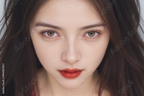 Close-up portrait of a woman with piercing eyes and dark hair, wearing red lipstick.