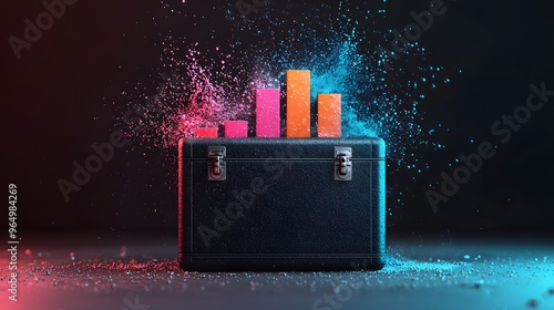 A dramatic black briefcase emits vibrant colored bars representing digital charts amid colored splashes, creating an energetic atmosphere against a dark background. Money Concept photo