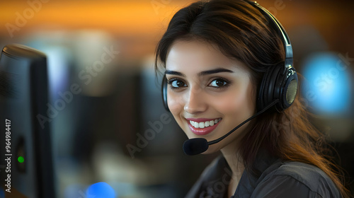 A smiling woman wearing a headset, working at a computer in a professional environment.