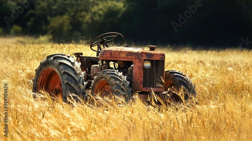 An old, rusted tractor is parked in a golden wheat field. The tractor's paint is chipped and weathered, revealing patches of rust. The wheat field surrounds the tractor, with golden stalks swaying gen photo