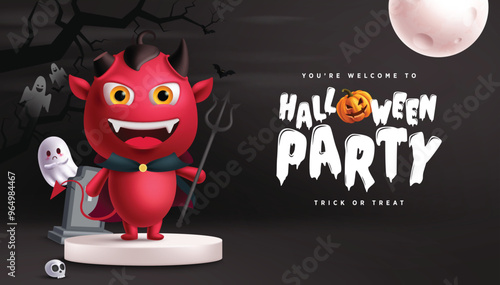 Halloween party vector template design. Trick or treat halloween invitation card with red demon monster character in podium stage for spooky night flyers promotion. Vector illustration horror party 