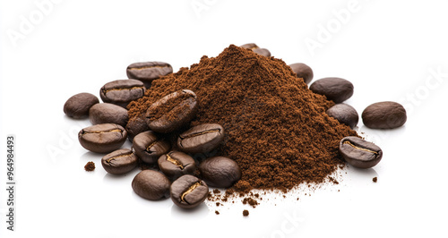 Isolated coffee powder pile with a clipping path and coffee beans on the ground on a white background.