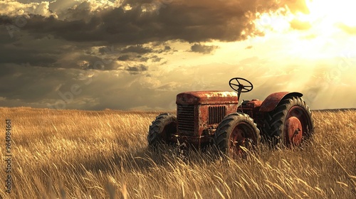 A rusty old tractor sits in the middle of a golden wheat field under a dramatic sky with clouds and beams of sunlight breaking through. The scene is picturesque, with the long grasses swaying gently, 