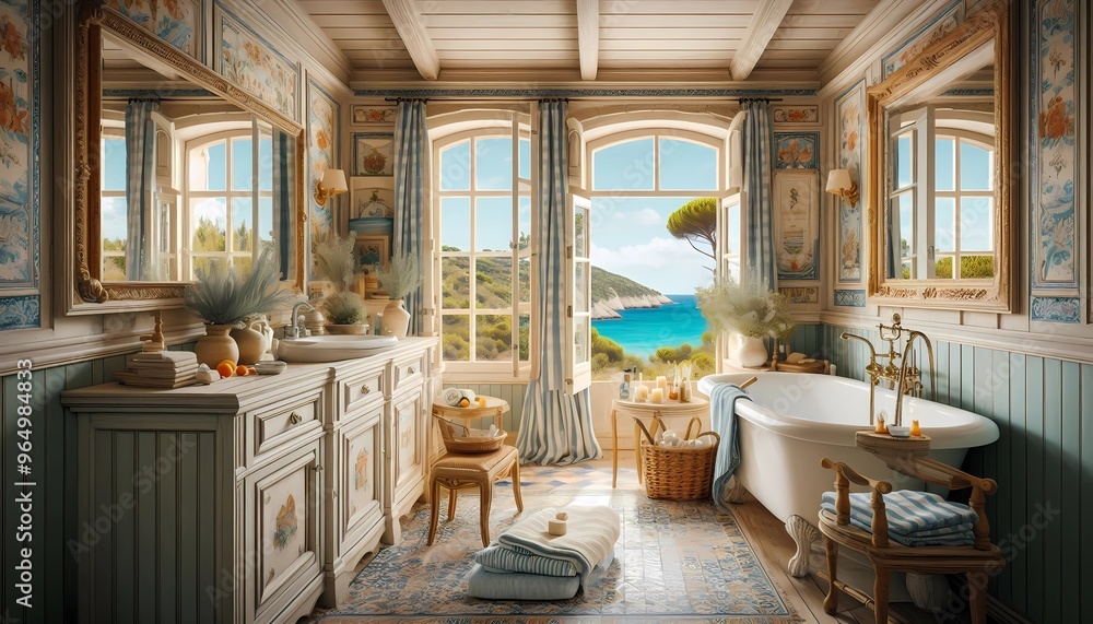 Provence-style beach house bathroom created with A.I. generative. Provence-style beach house bathroom created with A.I. generative.