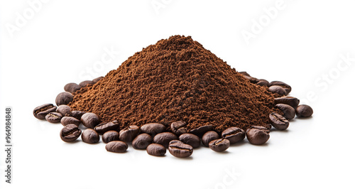 Isolated coffee powder pile with a clipping path and coffee beans on the ground on a white background.