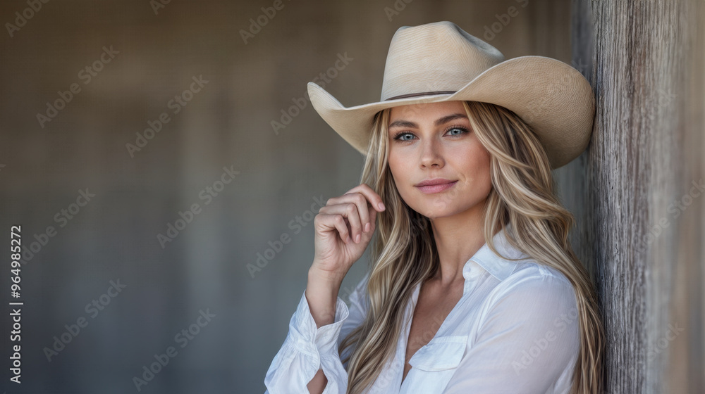 Outdoor portrait of a woman wearing a cowboy hat and leaning against barnwood. A blond female cowgirl with long blond hair and wearing a white shirt. Copy space. Outdoor portrait of a woman wearing a cowboy hat and leaning against barnwood. A blond female cowgirl with long blond hair and wearing a white shirt. Copy space.