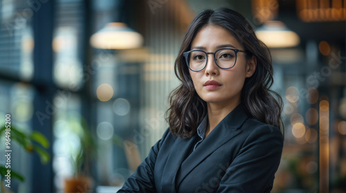 An Asian businesswoman or woman CEO posing in an office setting. Serious, no-nonsense expression. Wearing glasses. Arms folded.
