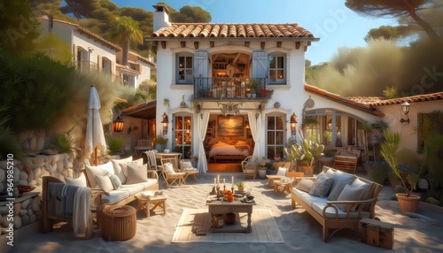 terrace room of luxurious Provence-style beach house, created with A.I. generative.