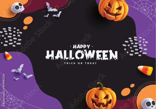 Happy halloween greeting vector background design. Halloween trick or treat text in abstract background with pumpkins, skull and creepy elements decoration. Vector illustration horror greeting design.