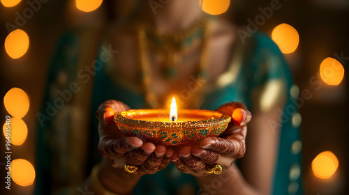 A woman holding a lit oil l...