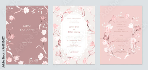 Wedding invitation template set, Crocus flowers pattern in red and white tones