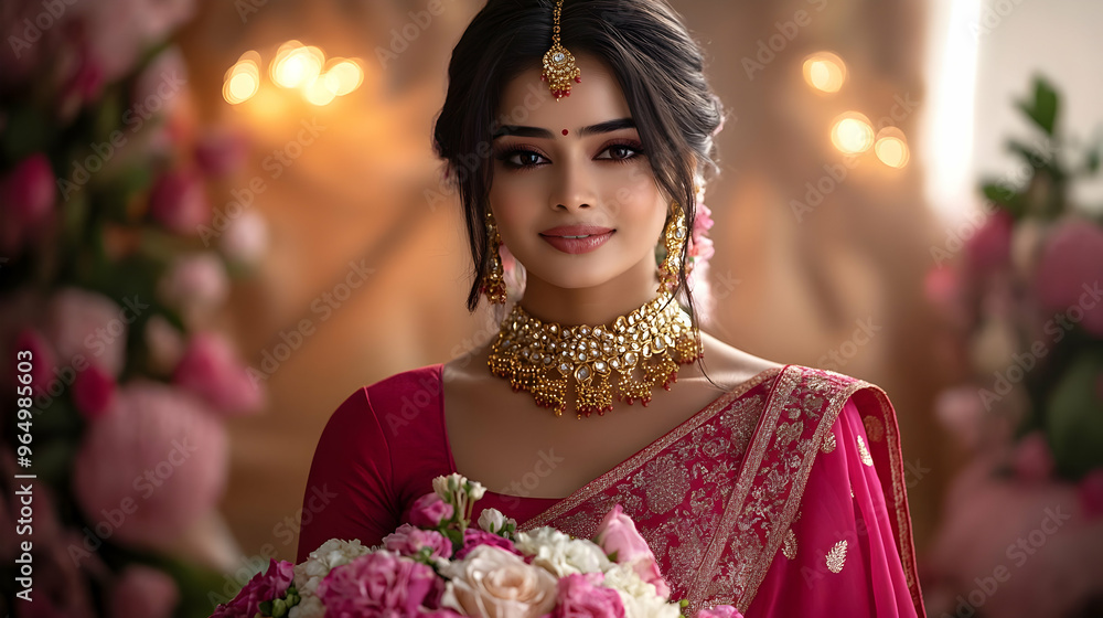 A woman in traditional attire holding a bouquet, surrounded by floral decorations. A woman in traditional attire holding a bouquet, surrounded by floral decorations.