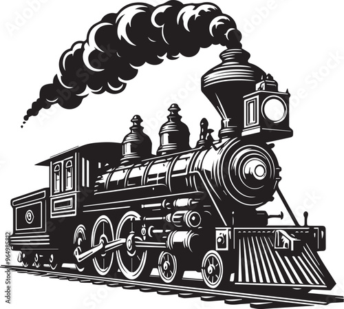 Black silhouette retro train engine, Black locomotive vintage historic train model silhouette vector,   