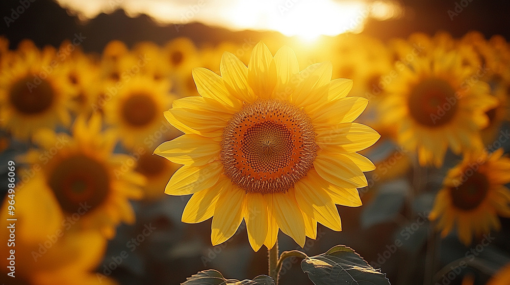 Fototapeta premium golden hour scene in a cornfield with a close-up of a vibrant sunflower, capturing the warm, tranquil essence of late afternoon light