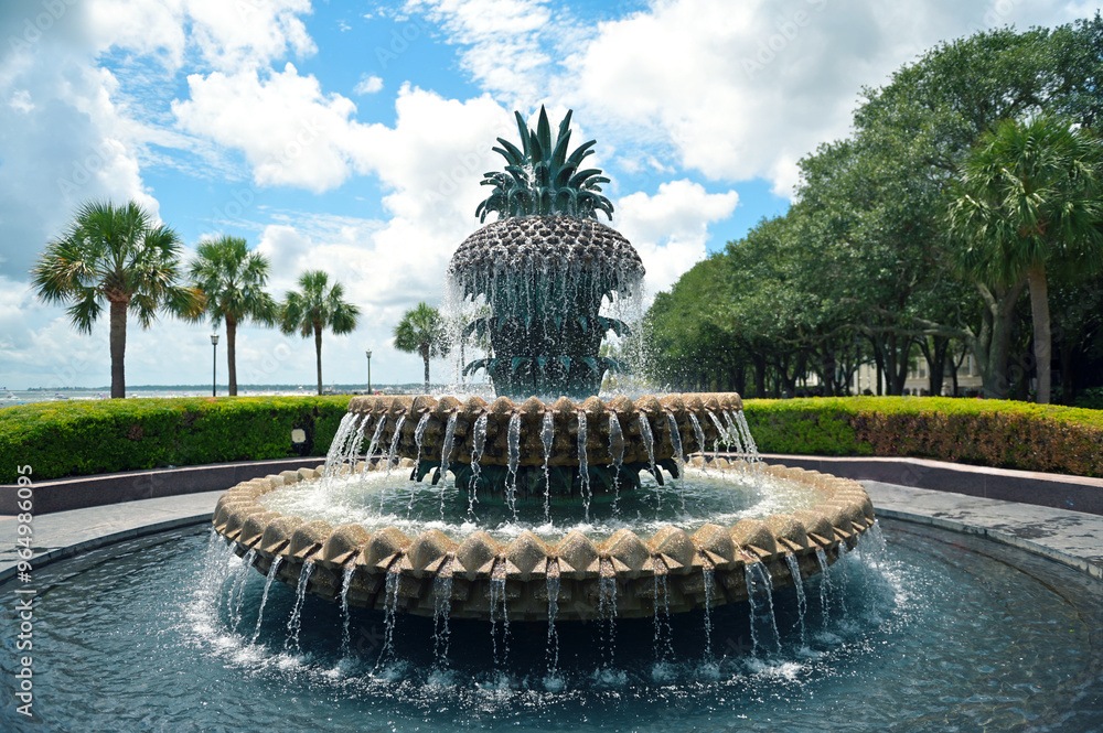 Fototapeta premium Wide view of the Pineapple Fountain in Charleston South Carolina during day time.