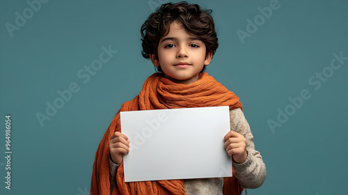 A young boy holding a blank...