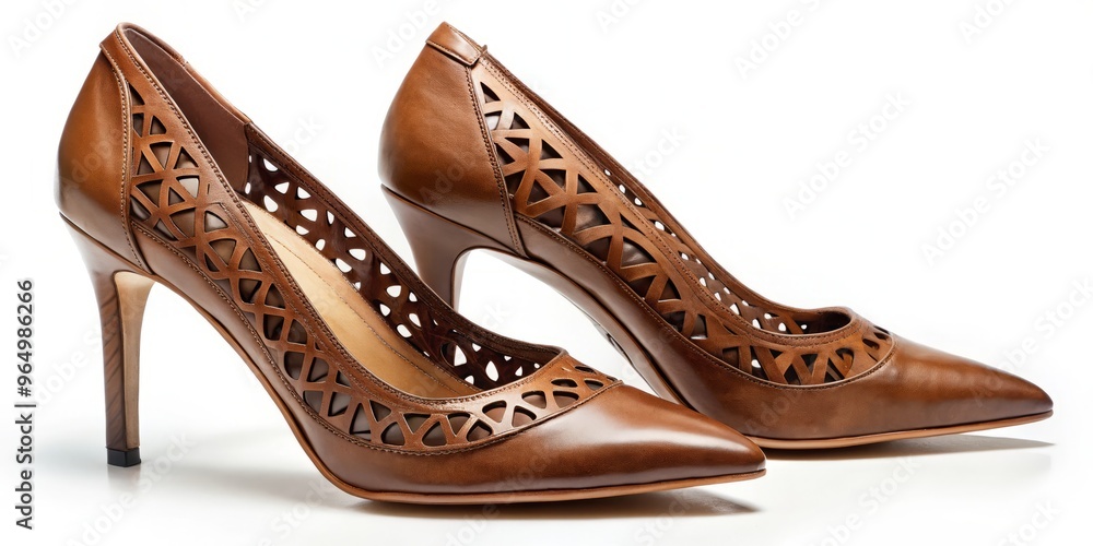 Fototapeta premium Brown leather high heels feature ornate cut-outs and a pointed toe, creating a striking contrast of texture and