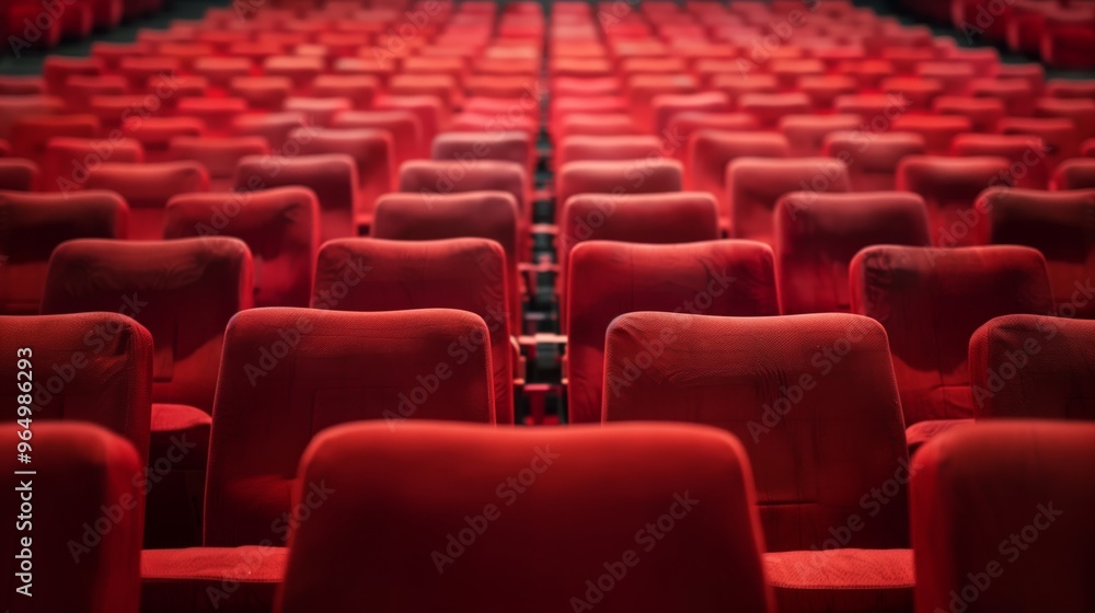 Fototapeta premium Empty Red Theater Seats in Auditorium - Stock Photography of Cinema Seating for Entertainment, Events, and Venues