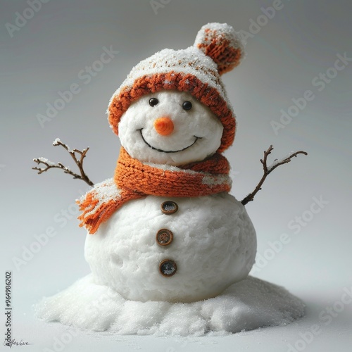 Endearing snowman crafted from freshly fallen snow featuring carrot nose, coal eyes, and warm smile set against pristine white background evoking seasonal cheer.