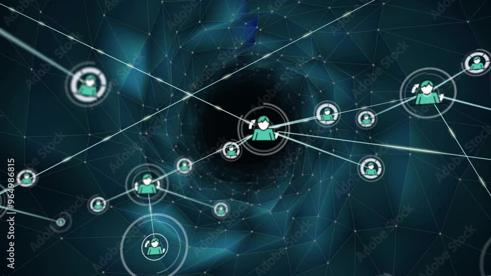 Animation of network of connections with people icons over dark background Animation of network of connections with people icons over dark background