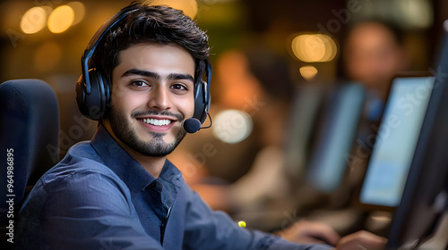A young man with a headset ...