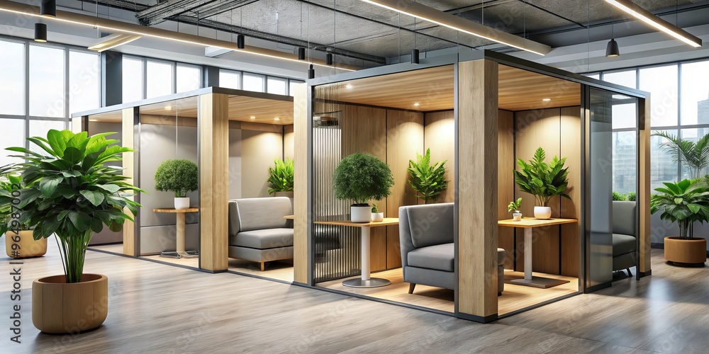 Cozy office space designed with encloseable pods for employees to prioritize focus and maintain privacy while working Cozy office space designed with encloseable pods for employees to prioritize focus and maintain privacy while working