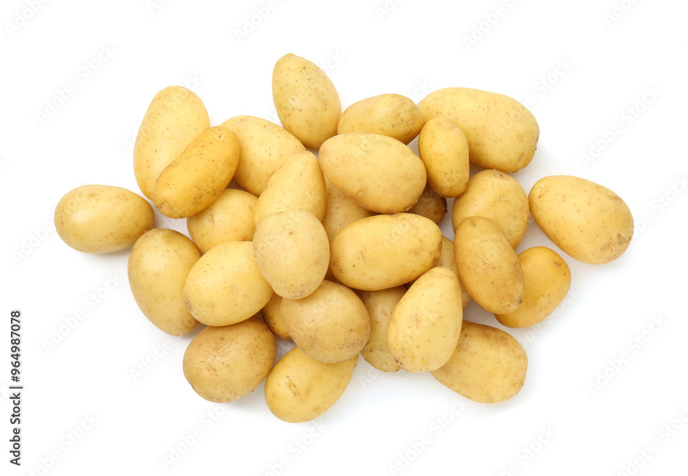 Pile of fresh young potatoes isolated on white, top view Pile of fresh young potatoes isolated on white, top view