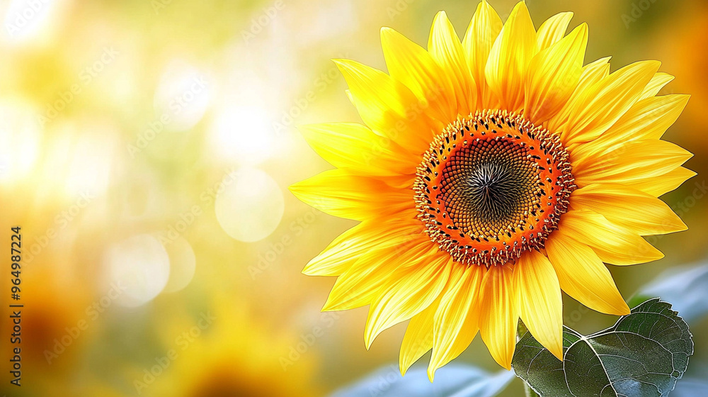 Fototapeta premium golden hour scene in a cornfield with a close-up of a vibrant sunflower, capturing the warm, tranquil essence of late afternoon light