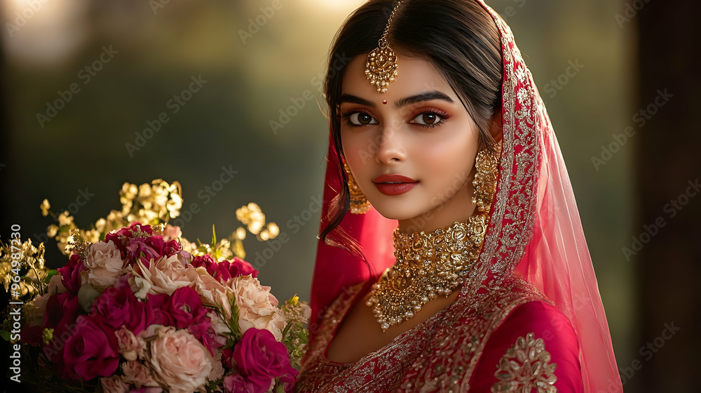 A young woman in traditional attire holding a bouquet, exuding elegance and beauty. A young woman in traditional attire holding a bouquet, exuding elegance and beauty.