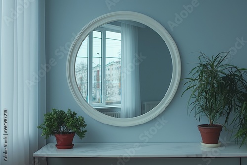 In a minimalist space, a mirror reflects against a white background, embodying understated elegance and clean lines. The mirror's minimalist design enhances the serene atmosphere.