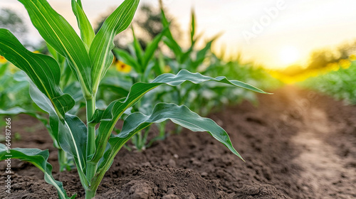 golden hour scene in a cornfield with a close-up of a vibrant sunflower, capturing the warm, tranquil essence of late afternoon light