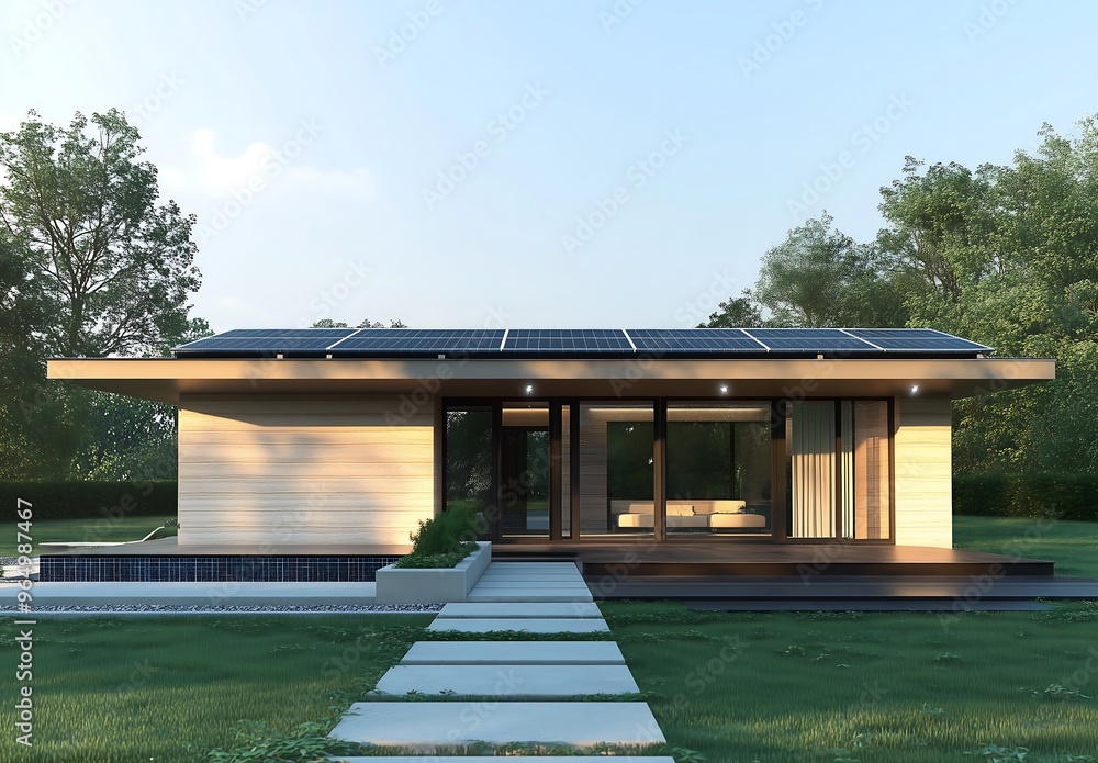 Modern house with solar panels and wall battery for energy storage. Modern house with solar panels and wall battery for energy storage.