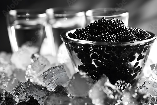 Vodka and Caviar: Shot glasses of vodka with caviar on ice