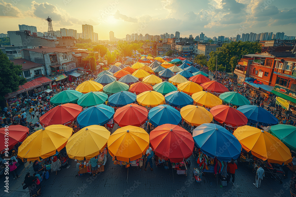 Drone shot of a lively festival or market with colorful tents and crowds, showcasing the vibrancy and activity from above. Concept of social events and outdoor gatherings. Drone shot of a lively festival or market with colorful tents and crowds, showcasing the vibrancy and activity from above. Concept of social events and outdoor gatherings.