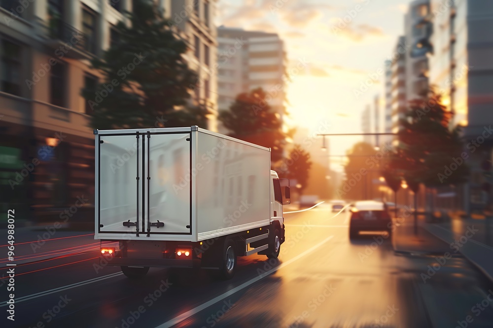 Truck moves on the road at sunset. 3d rendering. Truck moves on the road at sunset. 3d rendering.
