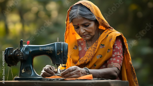 An elderly woman sewing wit...