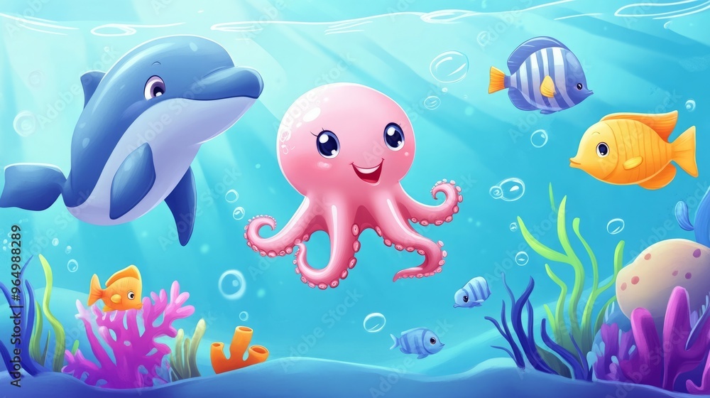 Cute cartoon octopus, dolphin and fish swimming in the ocean Cute cartoon octopus, dolphin and fish swimming in the ocean