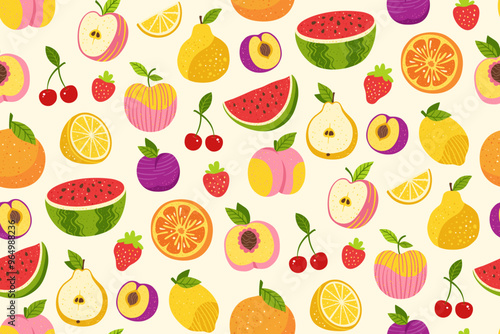 Fruits or berries hand drawn seamless pattern. Sliced citrus lemon orange, apple, pear, watermelon peach fruits, trendy boundless background. Juicy strawberry plum cherry endless vector cartoon design