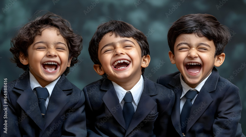 Three joyful children in suits laughing together, showcasing happiness and friendship. Three joyful children in suits laughing together, showcasing happiness and friendship.