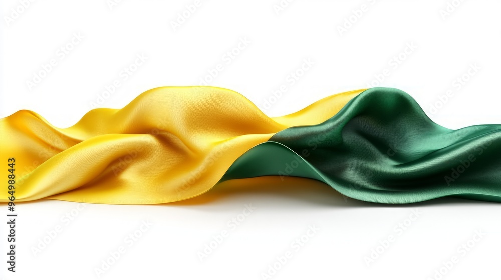 Flowing Silky Fabric in Yellow and Green on White Background