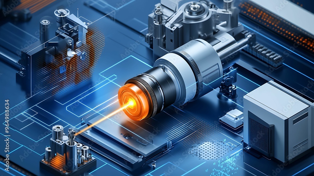 Fototapeta premium Cutting-Edge Laser Technology in High-Speed Industrial Applications | Isometric View with Clear Light and Sharp Focus