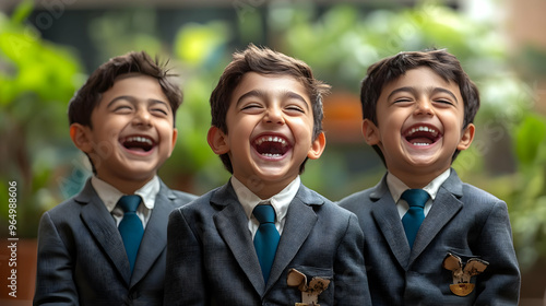 Tiga anak laki-laki tersenyum lebar dalam pakaian formal. photo